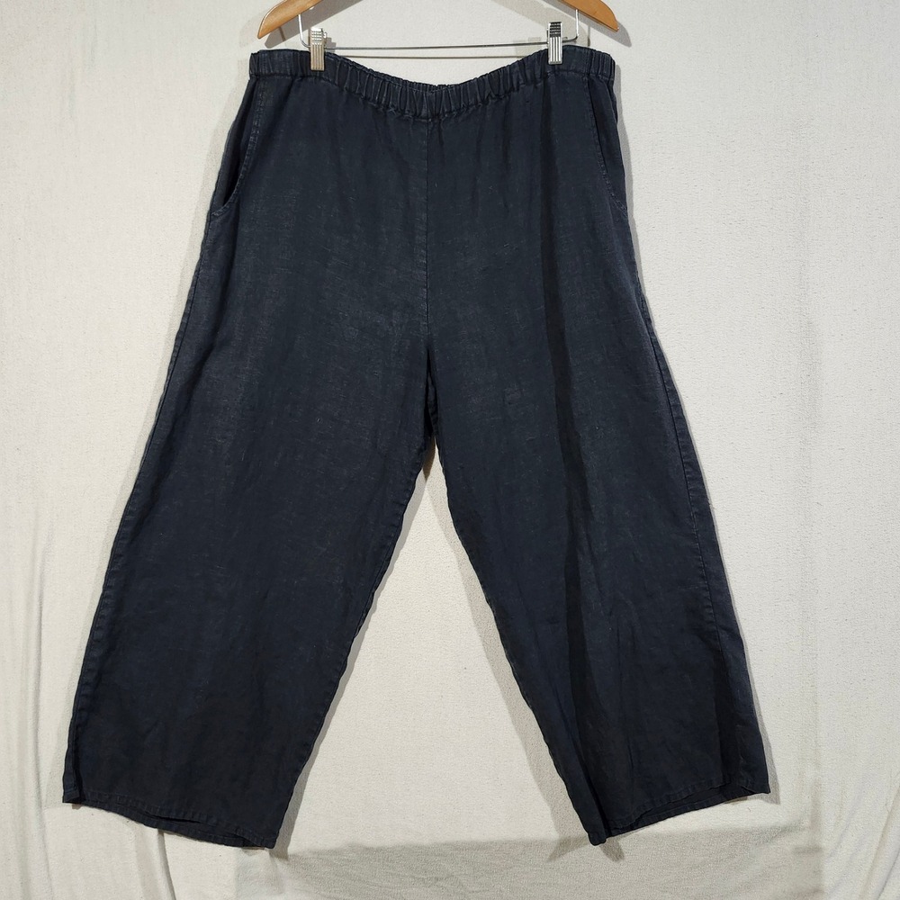 FLAX by Jeanne Engelhart 100% Linen Wide Leg Cropped Pants Black Women Large